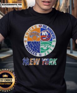 Alt Text: Original New York City Sports T-Shirt featuring Knicks, Islanders, Jets, and Yankees logos in a stylish design.