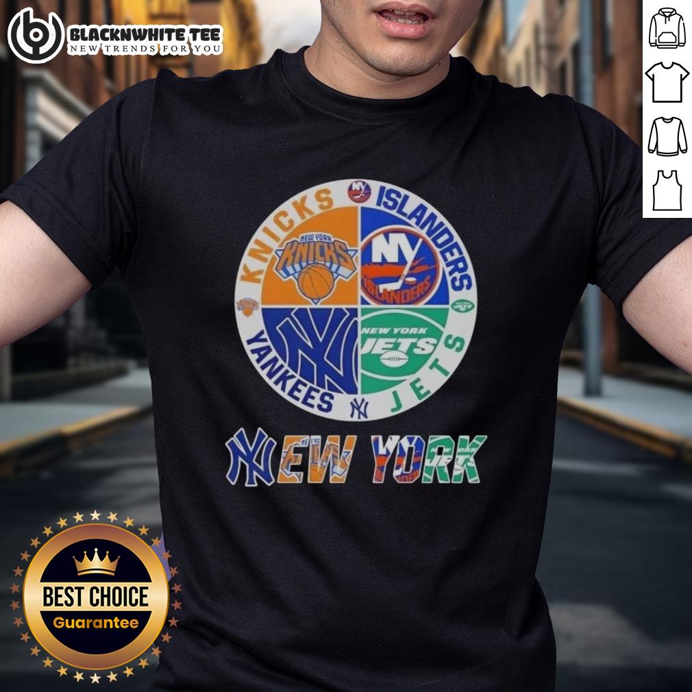 Original New York City Sports Knicks Islanders Jets Yankees Logos Combine T-Shirt Alt Text: Original New York City Sports T-Shirt featuring Knicks, Islanders, Jets, and Yankees logos in a stylish design.