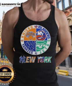Original New York City Sports tank top featuring Knicks, Islanders, Jets, and Yankees logos in a stylish design.