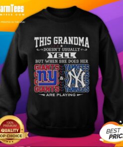 Grandma wearing a sweatshirt supporting New York Giants and Yankees, exclaiming her love for sports.