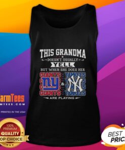 Grandma wearing a tank top supporting the Original New York Giants and Yankees, humorously yelling in excitement.
