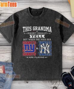 Grandma in a faded T-shirt featuring New York Giants and Yankees, playfully yelling with excitement at a game.