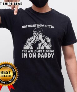 Original Not Right Now Kitten t-shirt featuring a playful cat design with the phrase 'The Walls Are Closing In On Daddy'.