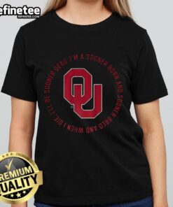 Alt Text: Original Oklahoma Sooners fight song ladies tee featuring 'I'm a Sooner Born and Sooner Bred' design.