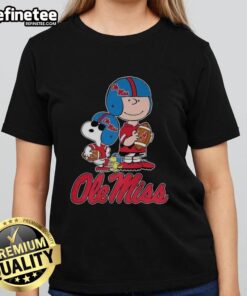 Original Ole Miss Rebels X Peanuts cartoon characters football lover ladies tee featuring vibrant graphics and team spirit.