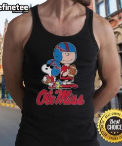 Original Ole Miss Rebels X Peanuts cartoon characters football lover tank top featuring playful designs for fans.