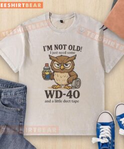 Original owl graphic on a humorous 'I'm not old, just need WD-40 and duct tape' washed t-shirt for casual wear.