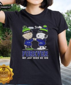 Original Peanut Snoopy and Charlie Brown Seattle Seahawks Forever tee for ladies, celebrating team spirit.