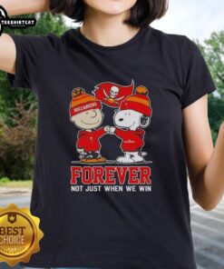 Original Peanut Snoopy Charlie Brown Tampa Bay Buccaneers Forever tee for ladies, showcasing team spirit and playful design.