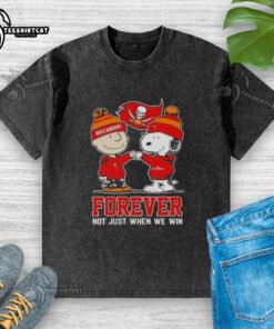 Alt Text: Original Peanut Snoopy and Charlie Brown Tampa Bay Buccaneers Forever t-shirt showcasing team spirit and casual style.