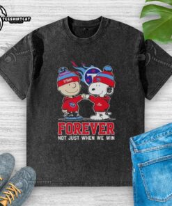 Original Peanut Snoopy and Charlie Brown graphic on Tennessee Titans Forever t-shirt, perfect for fans.