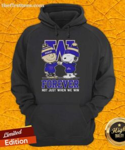 Alt Text: Original Peanut Snoopy and Charlie Brown hoodie celebrating Washington Huskies fandom, 'Forever Not Just When We Win'.