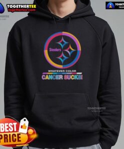 Original Pittsburgh Steelers football hoodie featuring 'Cancer Sucks' logo in team colors for awareness and support.