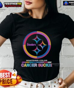 Alt Text: Original Pittsburgh Steelers Football ladies tee featuring colorful 'Cancer Sucks' logo design.
