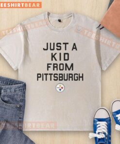 Alt Text: Original Pittsburgh Steelers Just A Kid From Pittsburgh washed t-shirt featuring team colors and logo design.