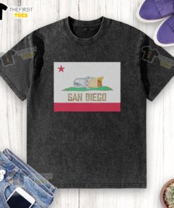 Original San Diego Padres burrito-style California flag washed t-shirt, perfect for fans and casual wear.