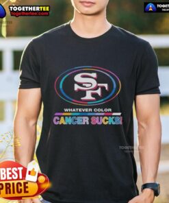 Original San Francisco 49ers Football 'Cancer Sucks' logo t-shirt in vibrant colors, promoting awareness and support.