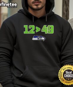 Alt Text: Original Seattle Seahawks 12 Greater Than 49 hoodie celebrating 2025 NFC West Division Champions with skyline design.