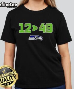 Alt Text: Original Seattle Seahawks 12 is Greater Than 49 tee, celebrating 2025 NFC West Division Champions with skyline design.
