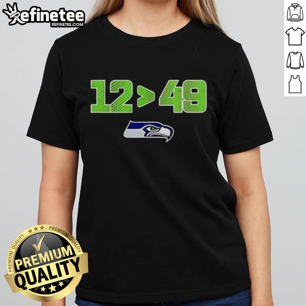 original-seattle-seahawks-12-is-greater-than-49-2025-nfc-west-division-champions-skyline-ladies-tee Alt Text: Original Seattle Seahawks 12 is Greater Than 49 tee, celebrating 2025 NFC West Division Champions with skyline design.