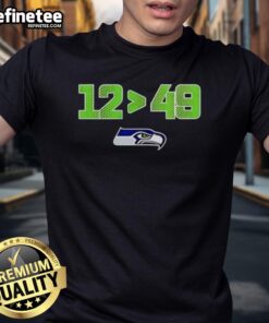 Original Seattle Seahawks 12 Is Greater Than 49 T-Shirt celebrating 2025 NFC West Division Champions with skyline design.