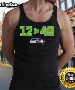 Original Seattle Seahawks 12 Greater Than 49 tank top celebrating 2025 NFC West Division Champions with skyline design.