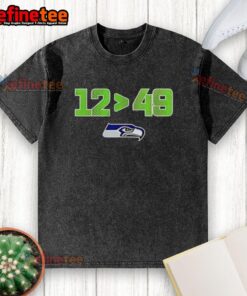 Alt Text: Original Seattle Seahawks 12 Greater Than 49 T-Shirt celebrating 2025 NFC West Division Champions with skyline design.