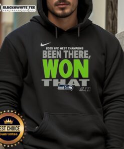 Original Seattle Seahawks 2025 NFC West Champions hoodie in blue with team logo, perfect for fans and sports enthusiasts.