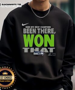Alt Text: Original Seattle Seahawks 2025 NFC West Champions sweatshirt featuring team colors and logo, perfect for fans.