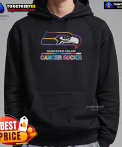 Alt Text: Original Seattle Seahawks Football hoodie featuring vibrant colors and Cancer Sucks logo. Perfect for fans!