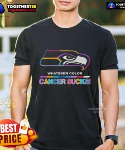 Original Seattle Seahawks Football T-Shirt featuring 'Cancer Sucks' logo in vibrant team colors, perfect for fans.