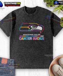 Alt Text: Original Seattle Seahawks Football Cancer Sucks logo in vibrant colors on a washed t-shirt design.