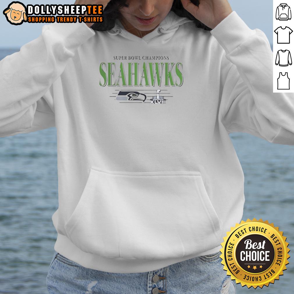 Original Seattle Seahawks Super Bowl Champions Xlviii Trophy Vintage Hoodie Alt Text: Vintage Seattle Seahawks Super Bowl XLVIII Champions trophy hoodie featuring team colors and logo design.