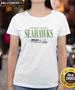 Alt Text: Vintage ladies tee featuring the Original Seattle Seahawks Super Bowl Champions XLVIII trophy design.