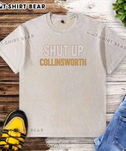 Funny washed t-shirt featuring Cris Collinsworth with 'Shut Up' slogan, perfect for football fans and casual wear.