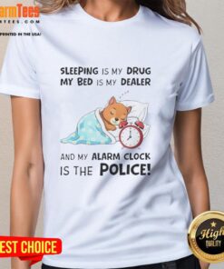 Alt Text: Original Sleeping Is My Drug Ladies Tee featuring playful quote about sleep, bed, and alarm clock design.