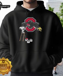 Original Snoopy and Woodstock painting on Ohio State Buckeyes hoodie, featuring vibrant colors and college spirit.