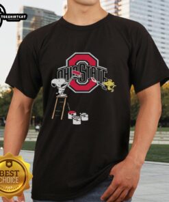 Alt Text: Original Snoopy and Woodstock painting on Ohio State Buckeyes T-shirt featuring vibrant colors and playful design.