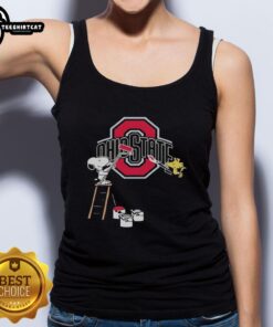 Original Snoopy and Woodstock painting on an Ohio State Buckeyes tank top, showcasing vibrant colors and playful design.