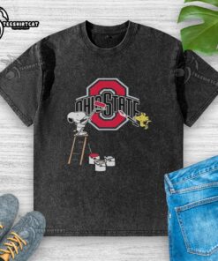 Original Snoopy and Woodstock painting on Ohio State Buckeyes washed t-shirt, perfect for fans and collectors.