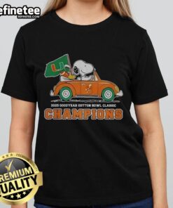 Alt Text: Ladies tee featuring Snoopy and Woodstock celebrating Miami Hurricanes Cotton Bowl Classic Champions 2025.