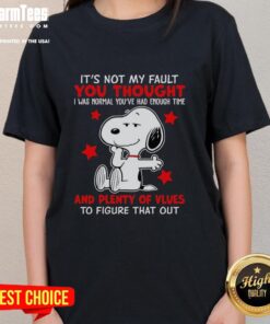 Alt Text: Original Snoopy 'It's Not My Fault' women's tee featuring a playful design and vibrant colors, perfect for casual wear.