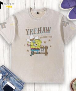 Alt Text: Original Squarepants Cowboy Yeehaw Greetings from Bikini Bottom washed t-shirt featuring vibrant cartoon design.