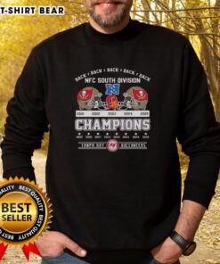 Original Tampa Bay Buccaneers Football Champions NFC South Division 2025 Back-to-Back Sweatshirt in team colors.
