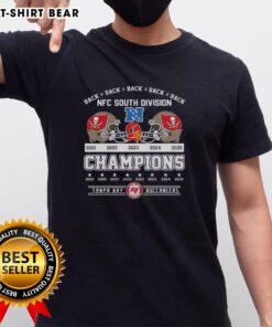 Original Tampa Bay Buccaneers Football Champions NFC South Division 2025 Back 2 Back T-Shirt design featuring team colors.