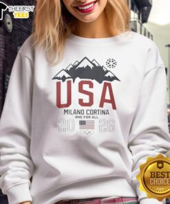 Alt Text: Original Team USA Olympic Winter Games Milano Cortina 2026 One For All Sweatshirt in navy blue, featuring logo.