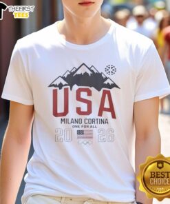 Alt Text: Original Team USA Olympic Winter Games Milano Cortina 2026 'One For All' T-Shirt featuring bold design and colors.