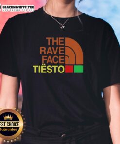 Original The Rave Face Tiesto Ladies Tee featuring vibrant graphic design for fans of electronic dance music fashion.