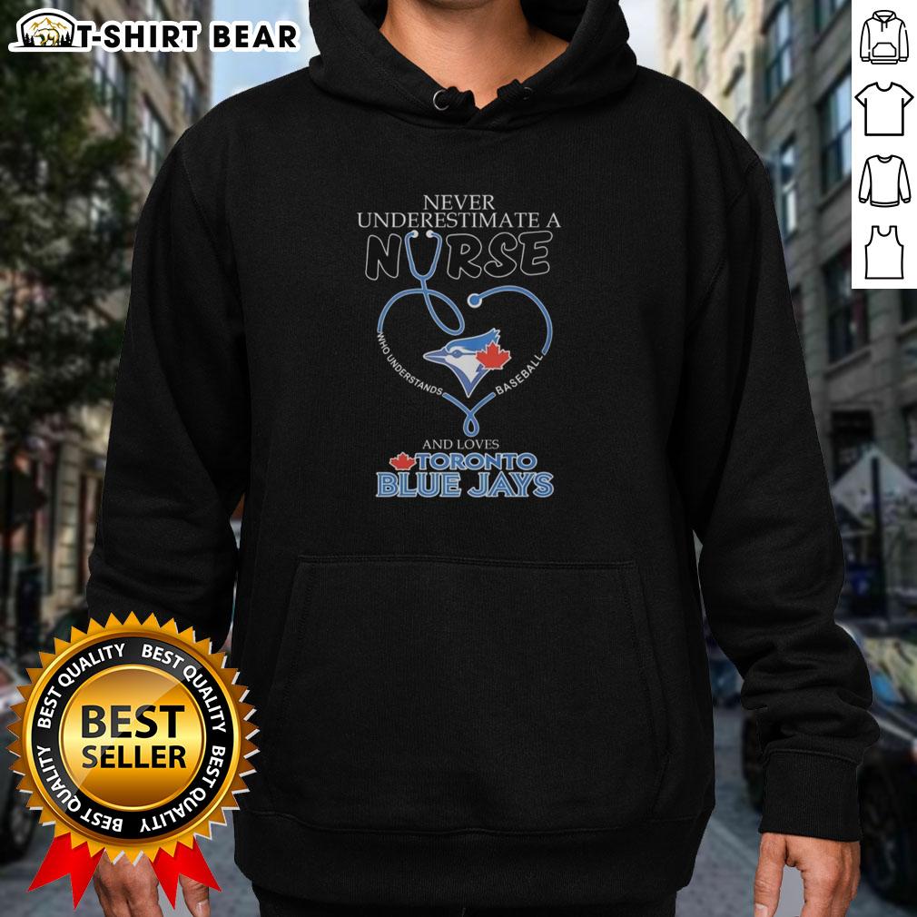 Original Toronto Blue Jays Never Underestimate A Nurse Who Understands Baseball And Loves Hoodie Alt Text: Original Toronto Blue Jays hoodie featuring 'Never Underestimate A Nurse Who Understands Baseball' design.