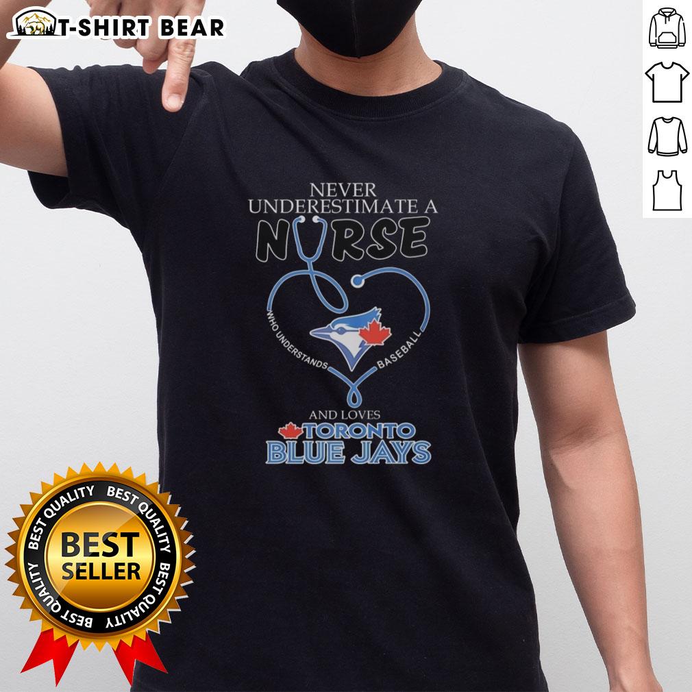 Original Toronto Blue Jays Never Underestimate A Nurse Who Understands Baseball And Loves T-Shirt Alt Text: Original Toronto Blue Jays t-shirt featuring 'Never Underestimate A Nurse Who Understands Baseball And Loves' slogan.
